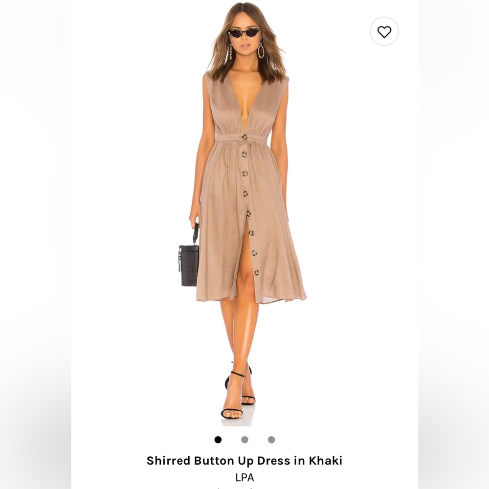 Shirred button up dress in khaki by LPA
